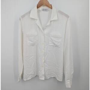 Vintage Kathy Che White Button Front Long Sleeve Blouse Size 14 Semi Sheer Y2k